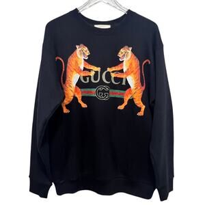Gucci Tiger Graphic Crewneck Sweatshirt Black GG Logo Luxury Designer Pullover M